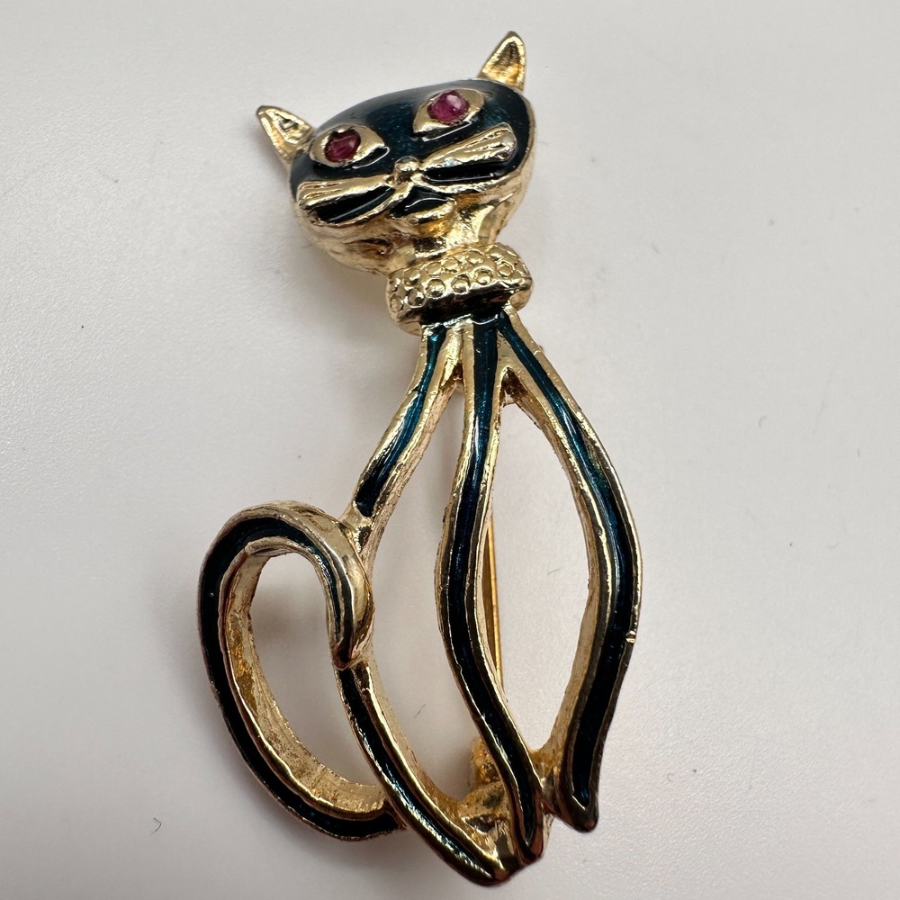 Vintage 80s Black Cat Brooch Gold Tone Red Ruby Eyes Century Modern Pin Jewelry